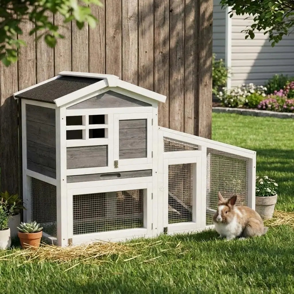 54 Inch 2 Tier Wooden Rabbit Hutch For Indoor And Outdoor Use Weatherproof Roof Anti Slip Ramp Removable Tray Ideal Small Pet House For Rabbits Guinea Pigs Chickens Grey