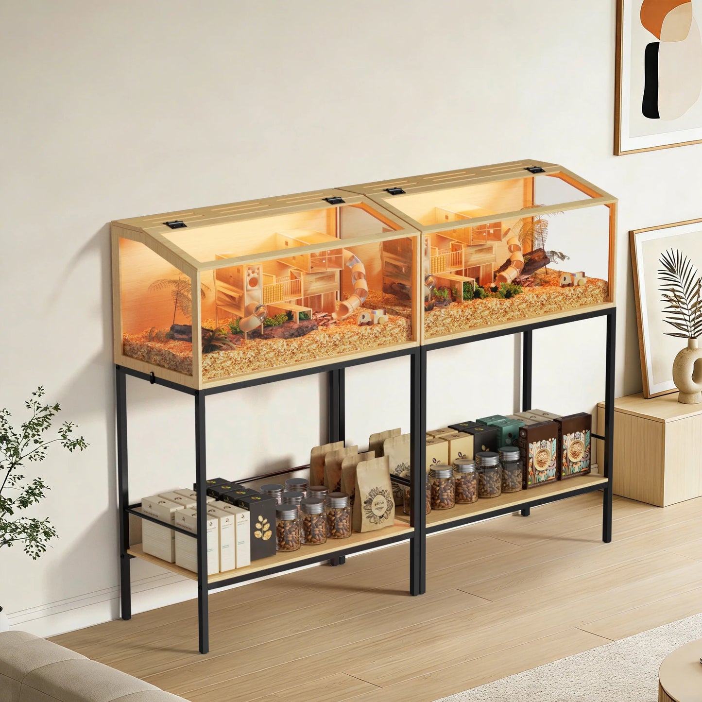Large Wooden Hamster Cage Clear Tempered Glass Pet Small Animal Habitat Cage Playful Hutch House Built-in LED Light