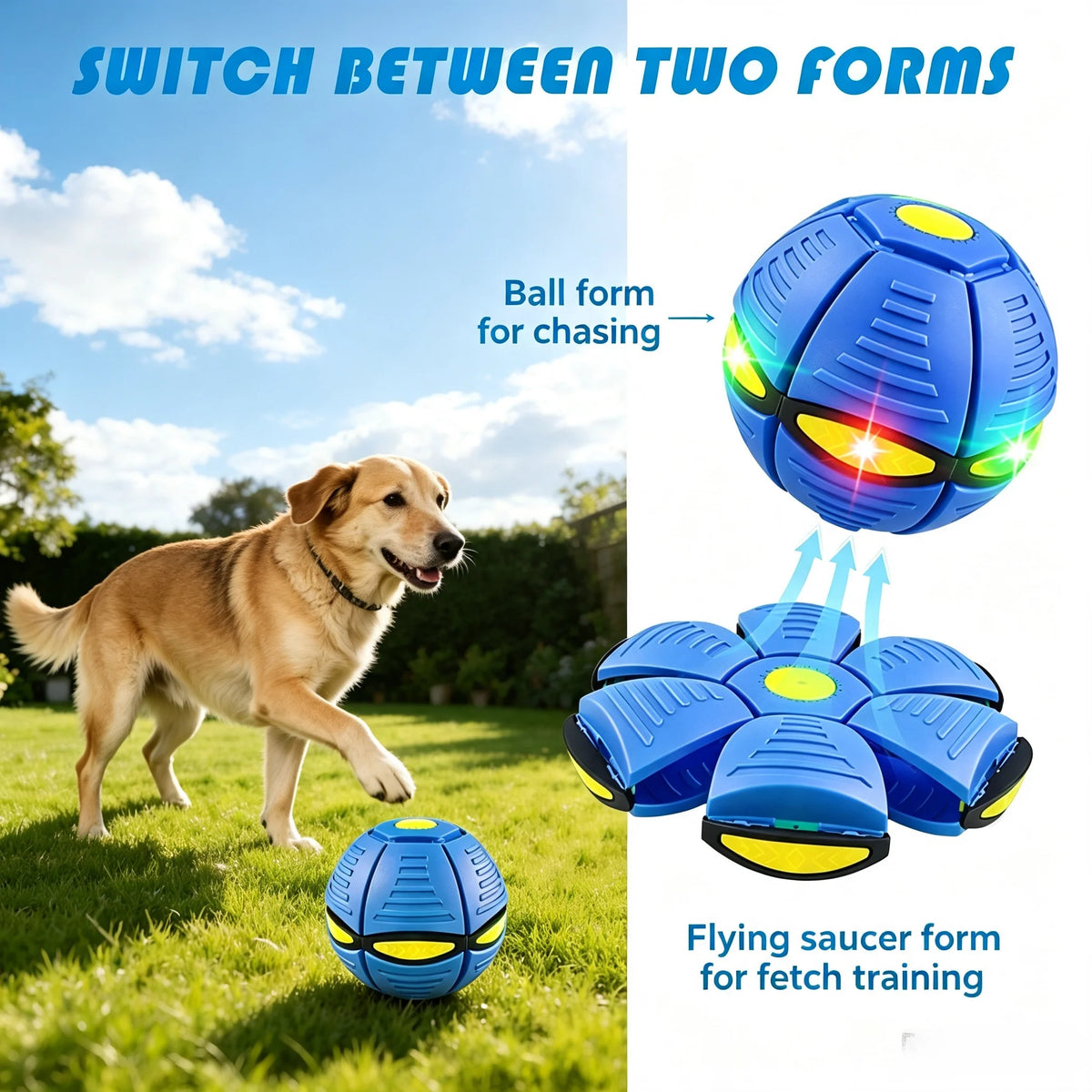 Six-Light Dual-Mode Magical Transforming Pet Bouncy Ball, UFO-Shaped Ball, Durable Dog Interactive Training and Play Toy, Blue and Red
