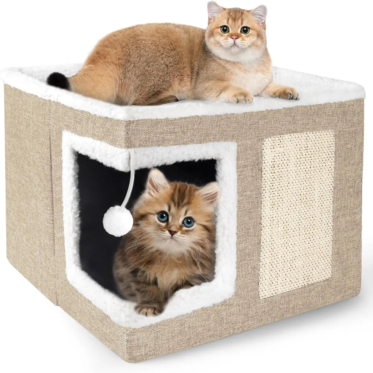 Loyareal Cat Houses for Indoor Cats - Large Cat Bed Cave with Scratch Pad and Fluffy Ball, Foldable Cat Condo Hideaway with Reversible Cushion for Multi Small Pet, Dark Grey