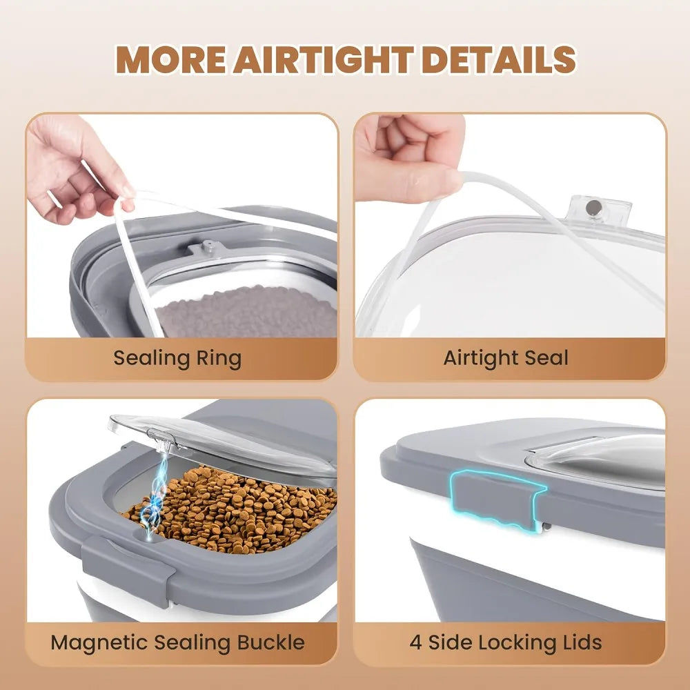 3Lbs Collapsible Pet Food Storage Container with Airtight Lid, Dog Food Storage Container with Measuring Scoop And Cup, Wheels & Handle for Easy Moving, Keep Dry Food Fresh