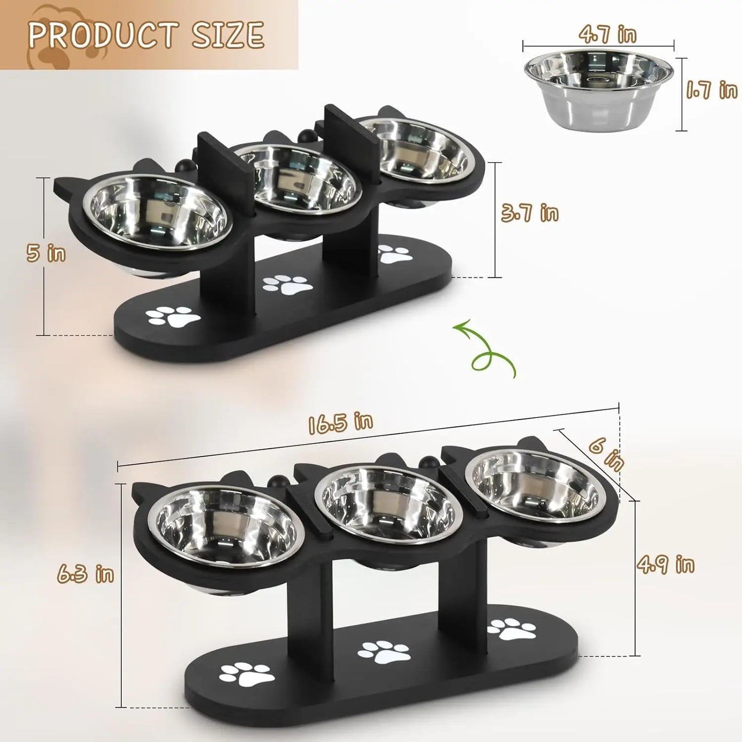 Cat Bowls Elevated, Raised Cat Food Bowls For Indoor Cats, Adjustable Heights Cat Food And Water Bowl With Black Shelf, 3 Stainless Steel Elevated Cat Bowls With 15°Tilted, Cat Dishes For Food And Water