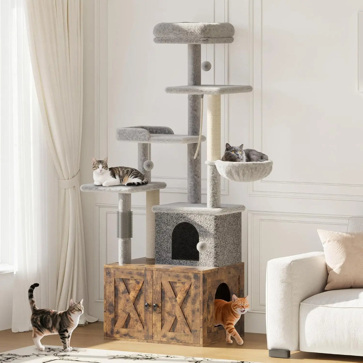 Cat Tree with Litter Box Enclosure Large, Multilevel Cat Play House with Large Condo, Spacious Hammock, Cozy Top Perch,Scratching Post and Dangling Balls,Wooden Cat Furniture for Indoor Cats,Brown
