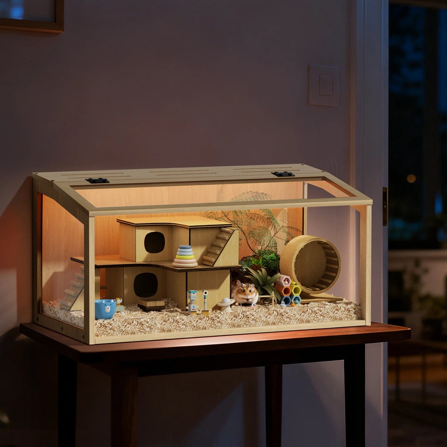Large Wooden Hamster Cage Clear Tempered Glass Pet Small Animal Habitat Cage Playful Hutch House Built-in LED Light