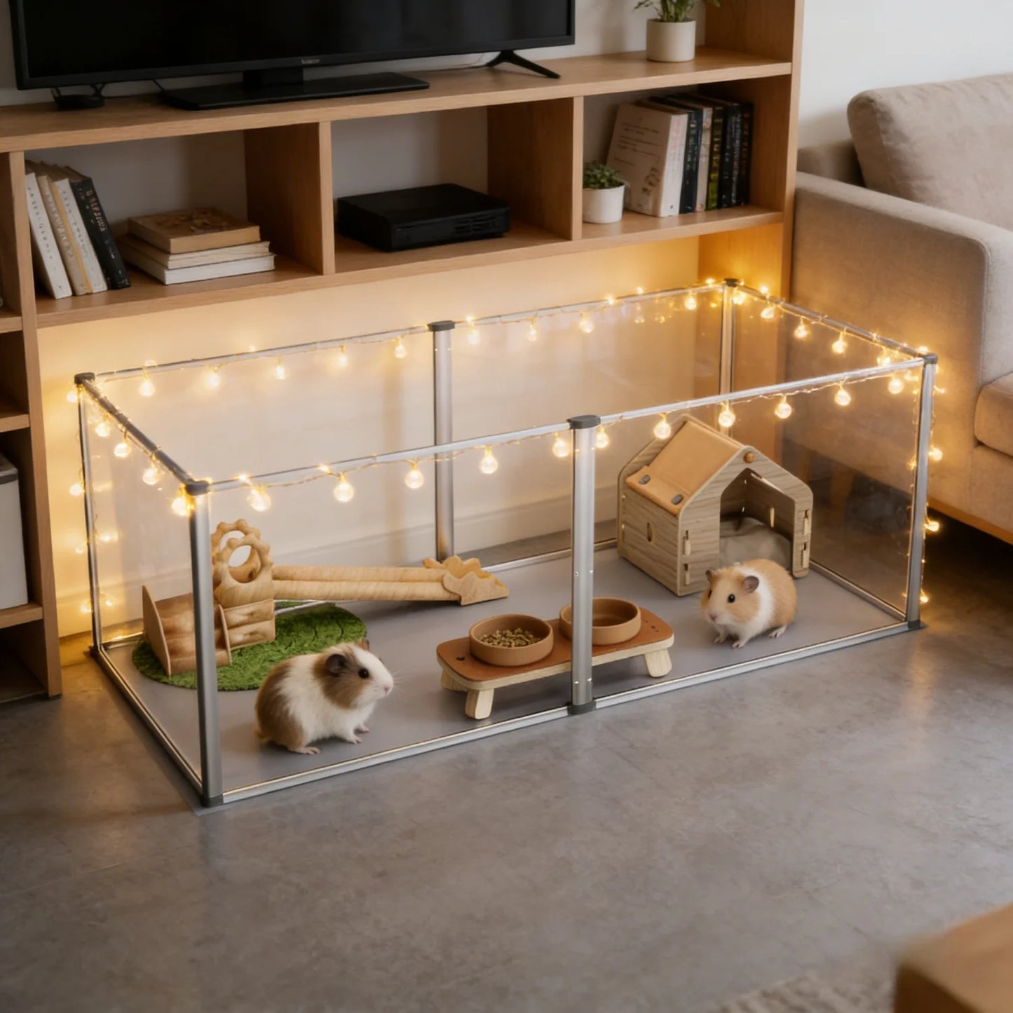 124cm Clear Acrylic Hamster Play Pen Indoor 6 Panels Pet Enclosure w/ Waterproof Floor Pad for Guinea Pigs Hedgehogs(No light)