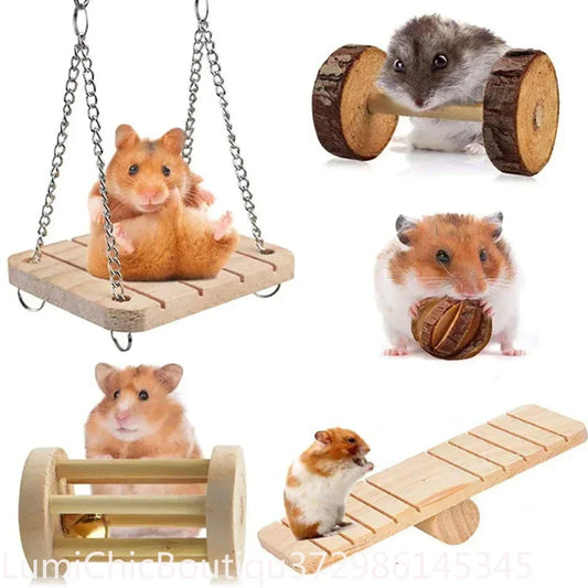 Cute Small Pet Chew Toy Natural Pine Wood Roller Dumbbell Unicycle With Bell Molar Play Toy For Rabbit Guinea Pig Rat Enrichment Supplies