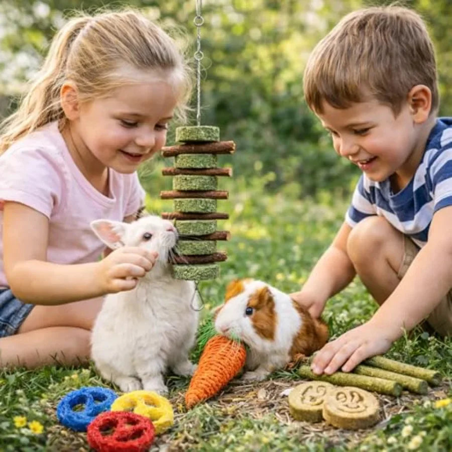 20 PCS Bunny Chew Toys for Teeth, Natural Rabbit Toys Apple Wood Grass Timothy Sticks Chew and Treat for Guinea Pigs Hamster Ch