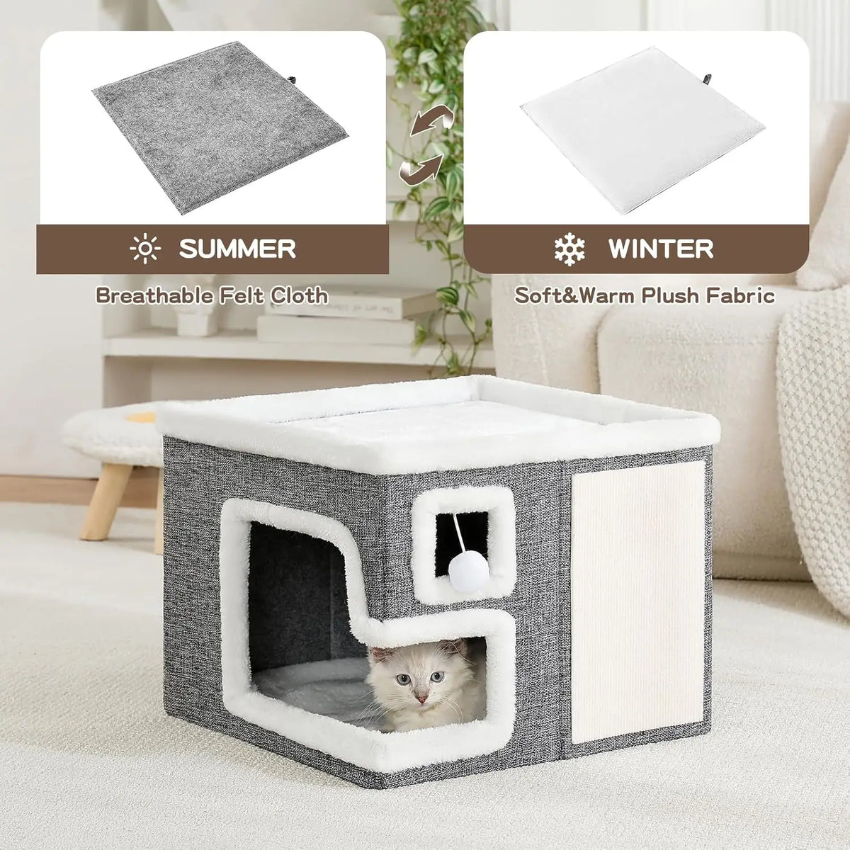 Cat Houses for Indoor Cats, Covered Cat Bed Cave with Scratch Pad