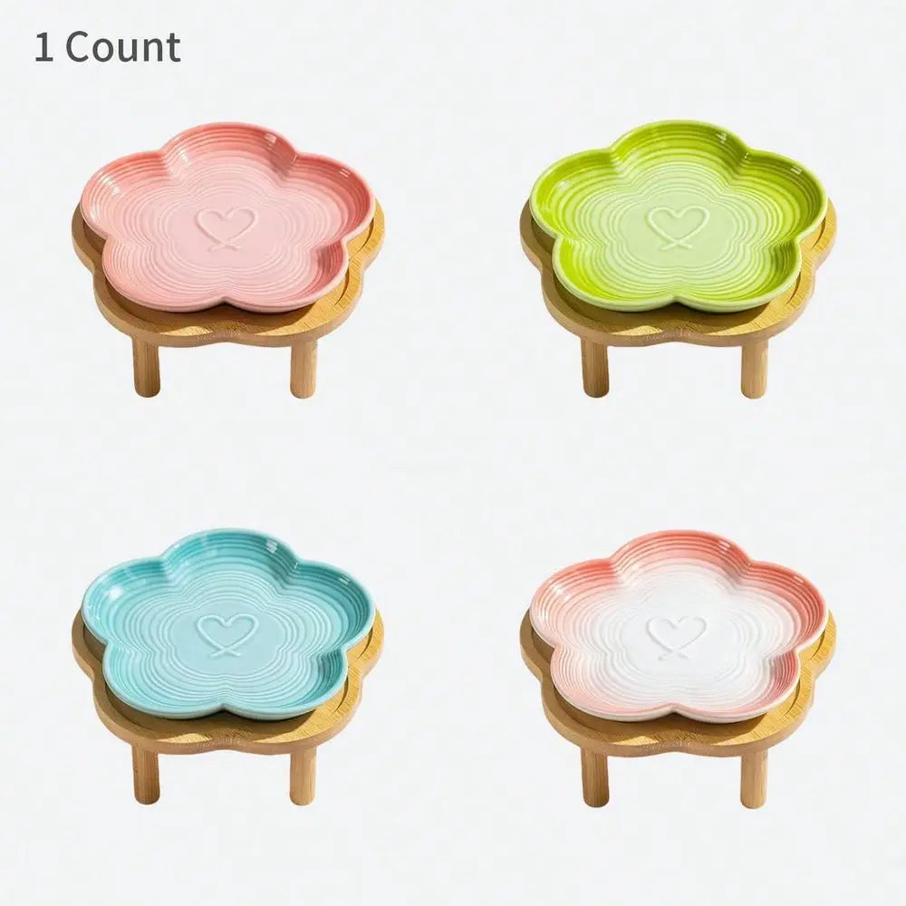 Flower Ceramic Pet Feeding Bowl With Bamboo Stand, Elevated Cat Bowl, Wide Shallow, AntiVomit, WhiskerFriendly Raised Dish For