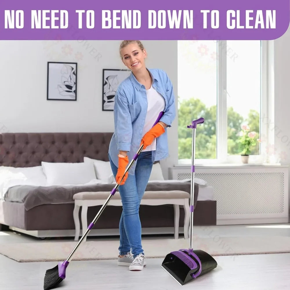 54.7" Long Handle Broom & Dustpan Set, Lightweight Stainless Steel, Stands Upright, for Home Kitchen Pet Hair, Purple