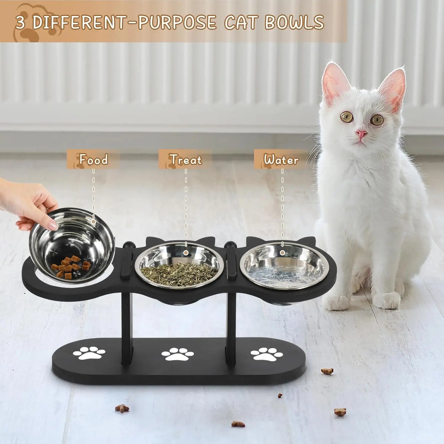 Cat Bowls Elevated, Raised Cat Food Bowls For Indoor Cats, Adjustable Heights Cat Food And Water Bowl With Black Shelf, 3 Stainless Steel Elevated Cat Bowls With 15°Tilted, Cat Dishes For Food And Water