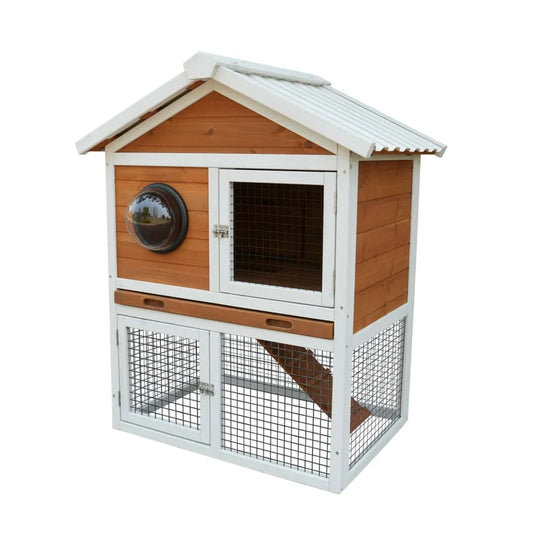 Large Outdoor Rabbit Hutch 2-Tier Wooden Bunny Cage with Waterproof Roof & Viewing Window, Small Animal House for Guinea Pigs, Hamsters with Removable Tray