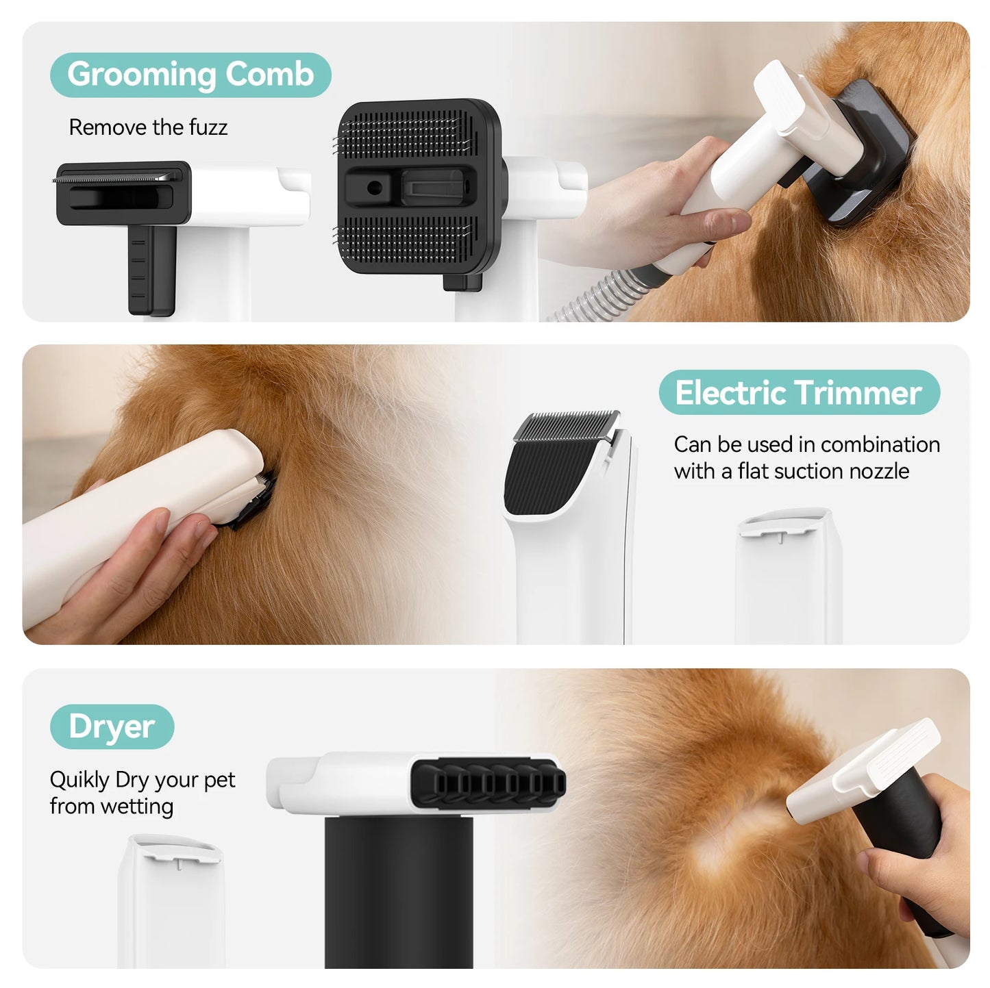 Amicura P1 Vacuum Cleaner & Hair Dryer & Trimmer, 15KPa Suction 600W Blowing, 3-in-1 Pet Grooming Set, Dog Cat Proven Care Tools