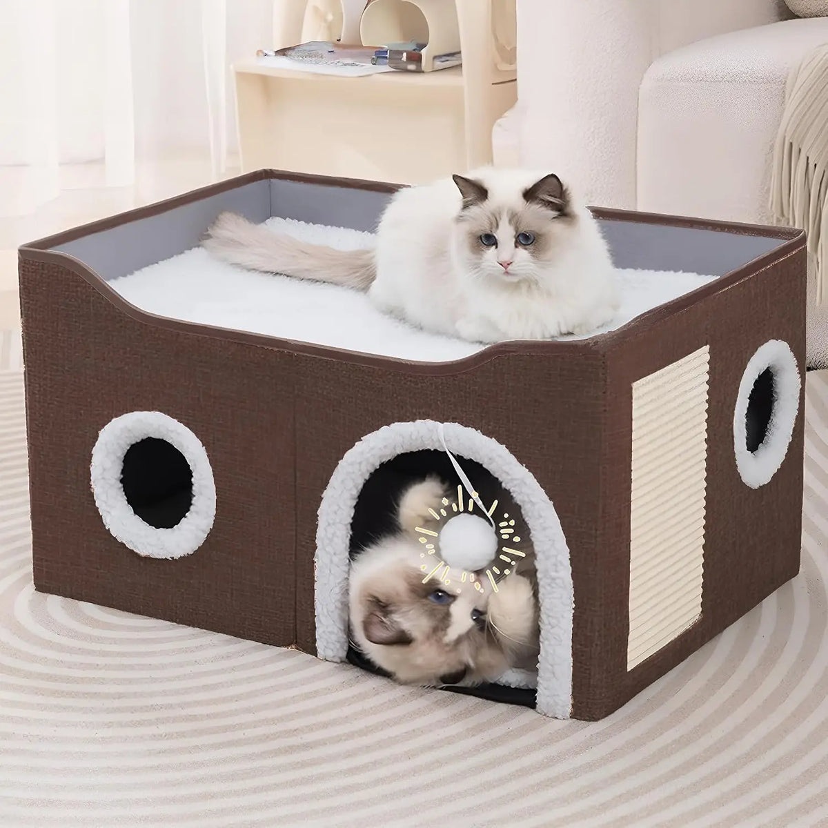 Loyareal Cat Houses for Indoor Cats - Large Cat Bed Cave with Scratch Pad and Fluffy Ball, Foldable Cat Condo Hideaway with Reversible Cushion for Multi Small Pet, Dark Grey