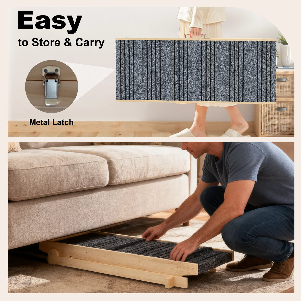 7-Height Adjustable Dog Ramp for Bed, Solid Wood Folding Pet Ramp with Anti-Slip Carpet Surface, No Assembly, Supports 150 lbs
