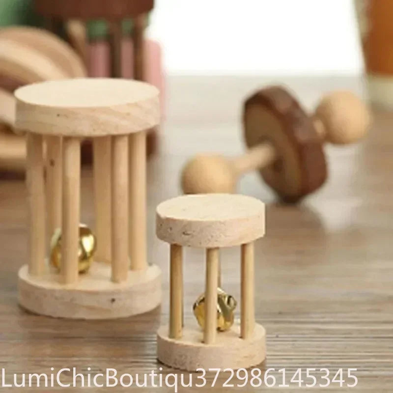 Cute Small Pet Chew Toy Natural Pine Wood Roller Dumbbell Unicycle With Bell Molar Play Toy For Rabbit Guinea Pig Rat Enrichment Supplies