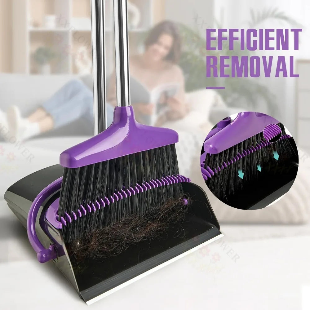 54.7" Long Handle Broom & Dustpan Set, Lightweight Stainless Steel, Stands Upright, for Home Kitchen Pet Hair, Purple