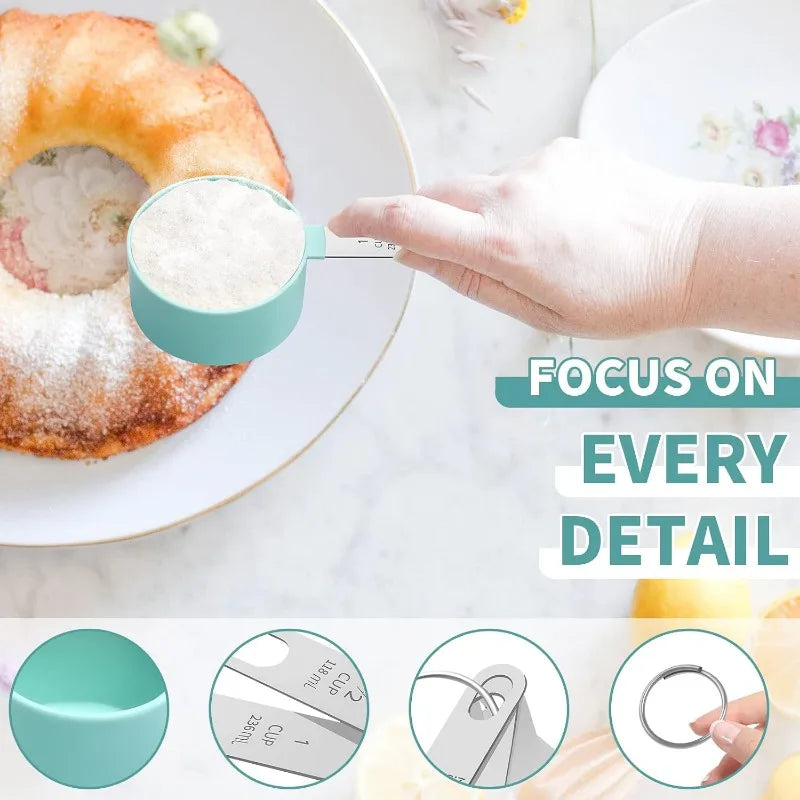 Measuring Cups Set Measuring Spoons Set, Nesting Measure Cups with Stainless Steel Handle, For Measuring Dry and Liquid Ingredients Small Teaspoon with Plastic Head (Mint Green)