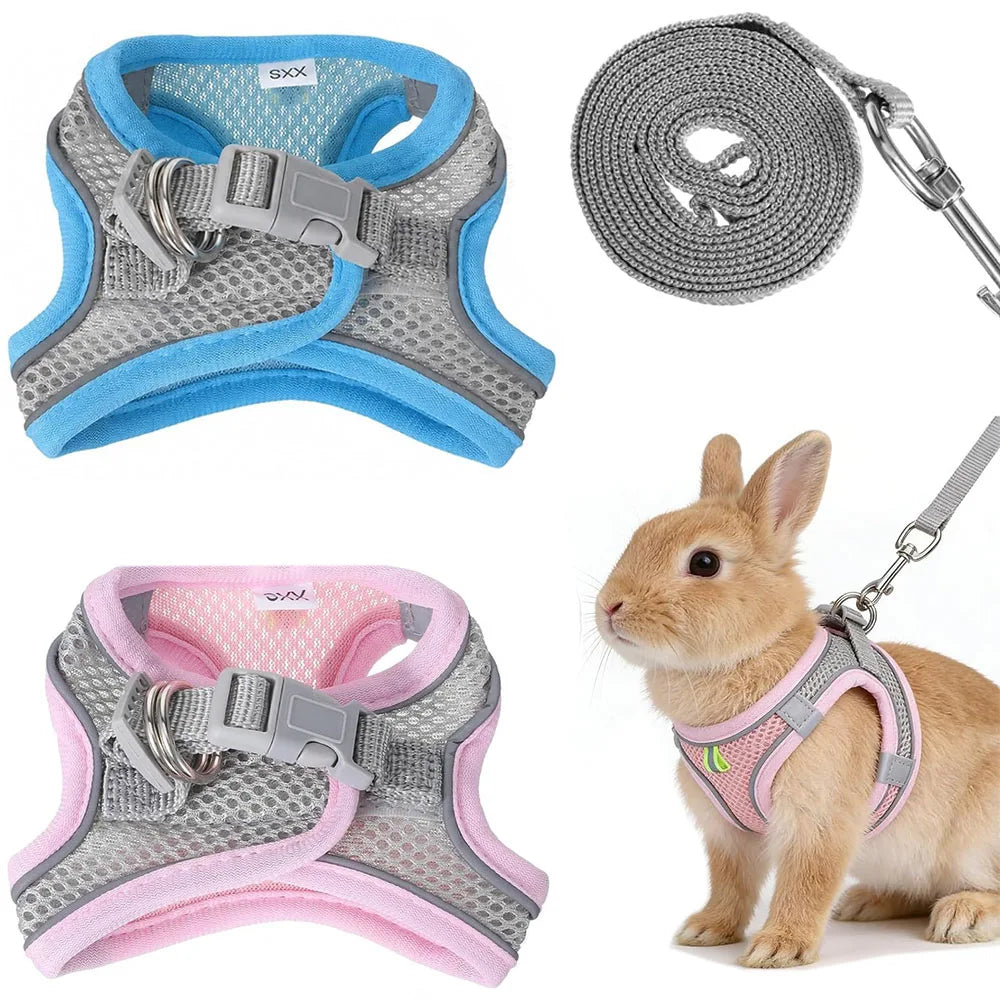 Bunny Harness Leash Set, Escape-Proof Soft Vest For Rabbit, Kitten, Puppy, Guinea Pig Pink And Blue(2PCS)