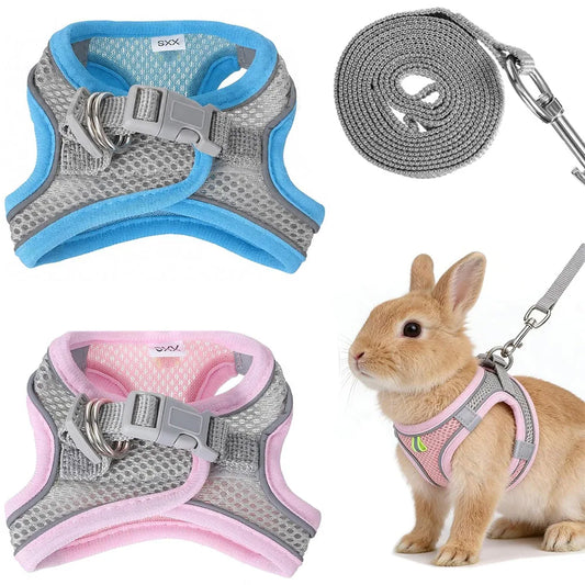 Bunny Harness Leash Set, Escape-Proof Soft Vest For Rabbit, Kitten, Puppy, Guinea Pig Pink And Blue(2PCS)