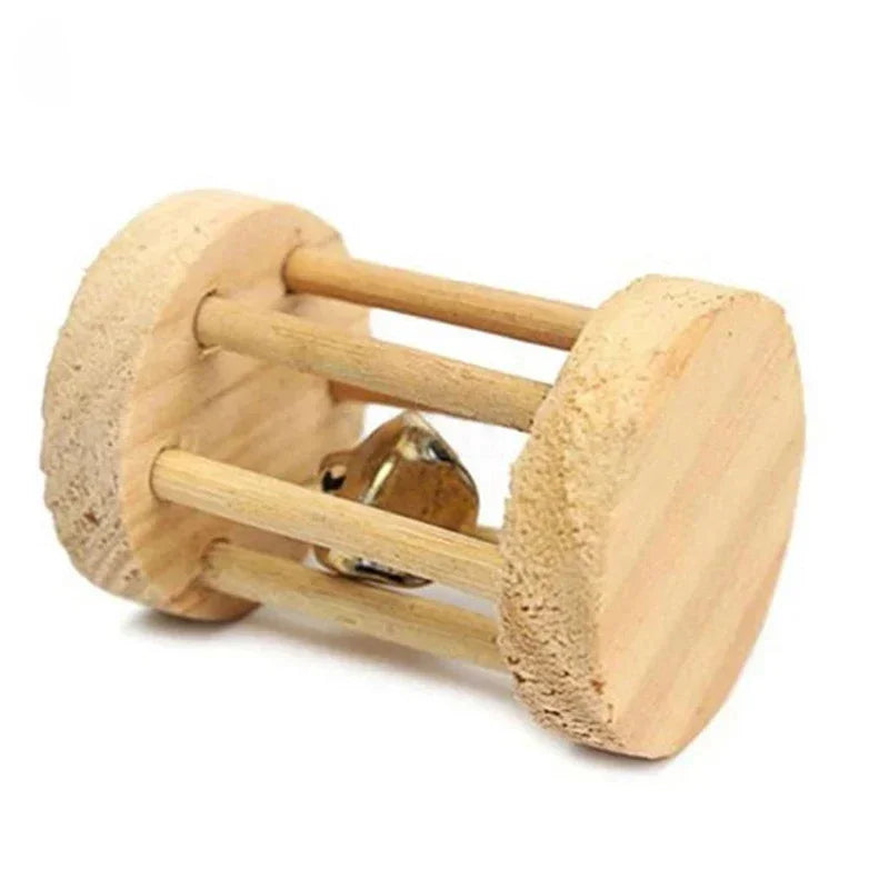 Cute Small Pet Chew Toy Natural Pine Wood Roller Dumbbell Unicycle With Bell Molar Play Toy For Rabbit Guinea Pig Rat Enrichment Supplies