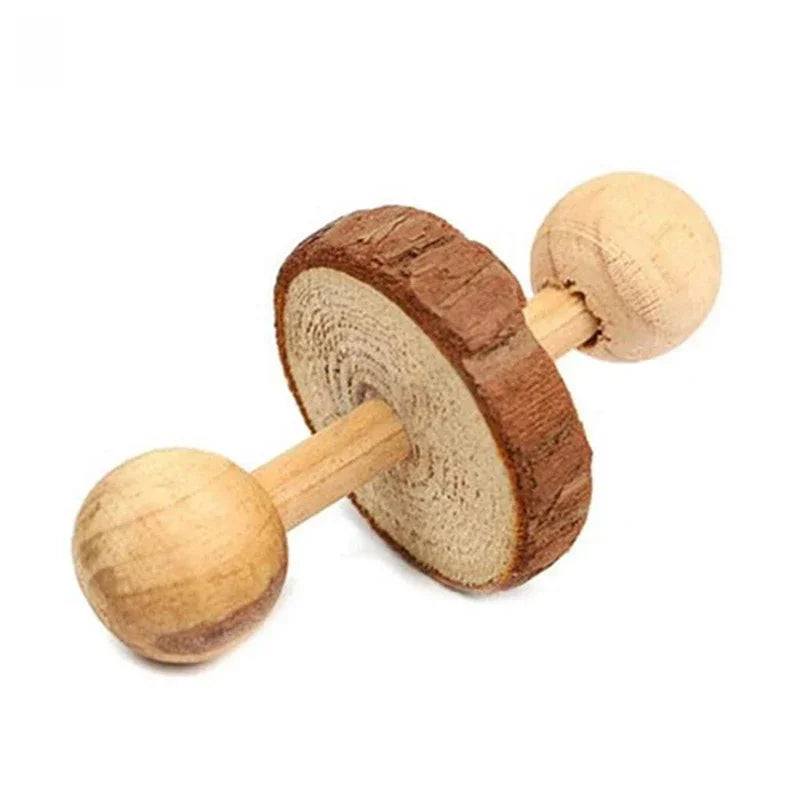 Cute Small Pet Chew Toy Natural Pine Wood Roller Dumbbell Unicycle With Bell Molar Play Toy For Rabbit Guinea Pig Rat Enrichment Supplies