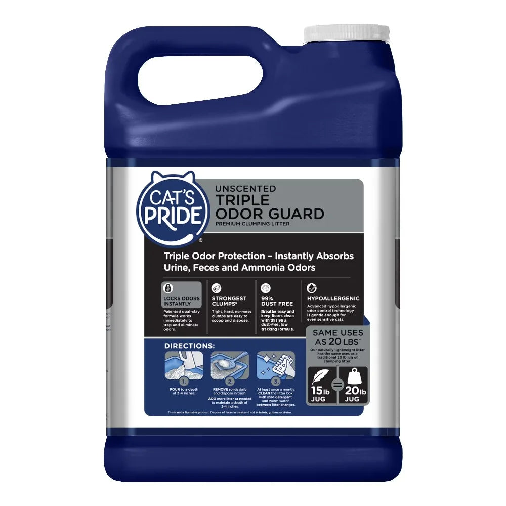 Unscented Clumping Cat Litter for Multiple Cats Extra Strength Odor Control Super Low Dust Non-Tracking Quick Clumping Formula Long Lasting 15 Pounds Large Capacity Jug Container Easy Pour Handling Premium Clay Litter