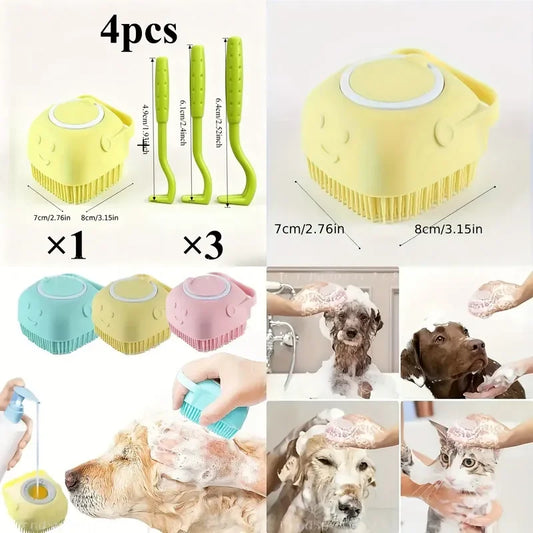 Pet Shower Brush With Tick Remover Soft Bristles Ergonomic Handle Removable Lid Gentle Grooming Washing Tool For Small Medium Dogs Cats Bath Massage