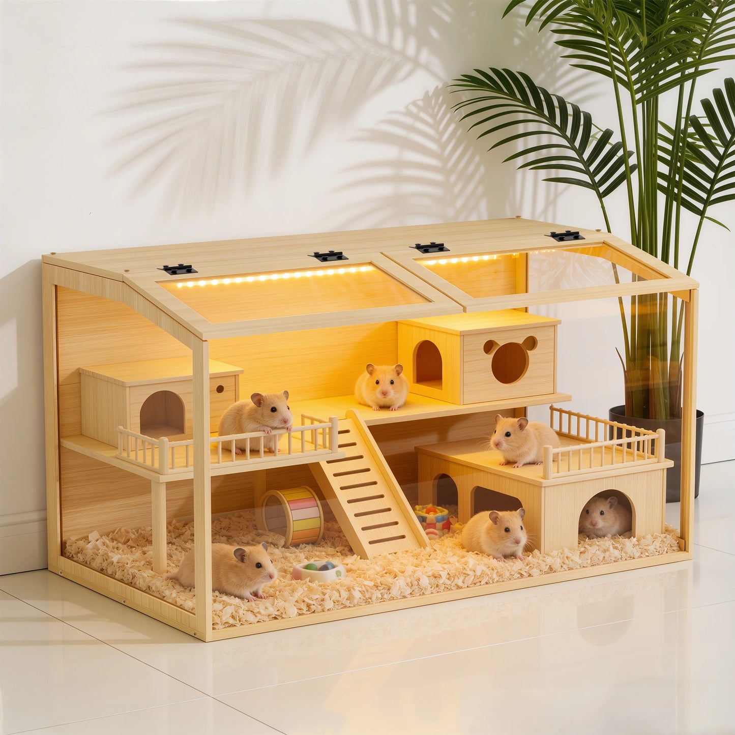 Large Wooden Hamster Cage Clear Tempered Glass Pet Small Animal Habitat Cage Playful Hutch House Built-in LED Light