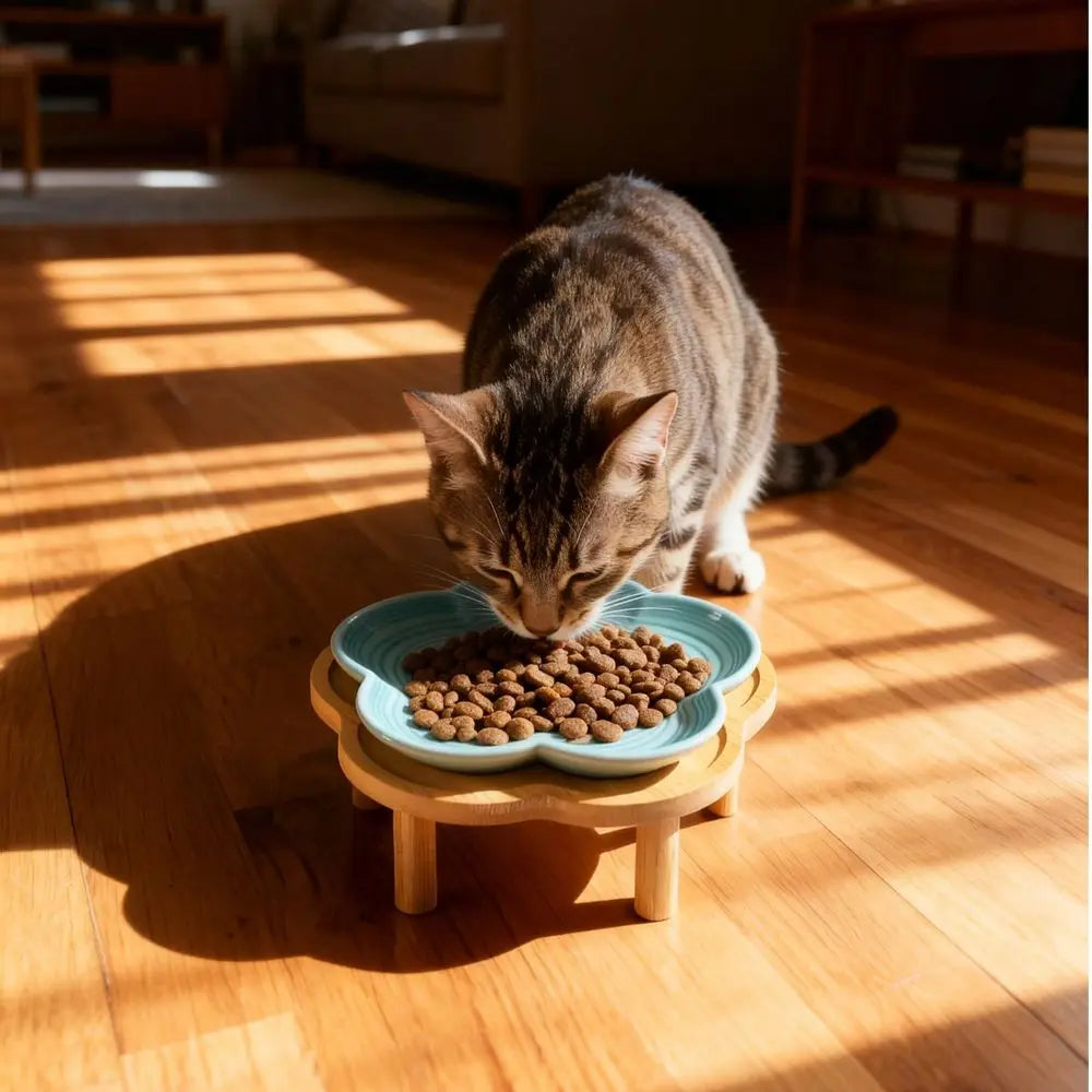 Flower Ceramic Pet Feeding Bowl With Bamboo Stand, Elevated Cat Bowl, Wide Shallow, AntiVomit, WhiskerFriendly Raised Dish For