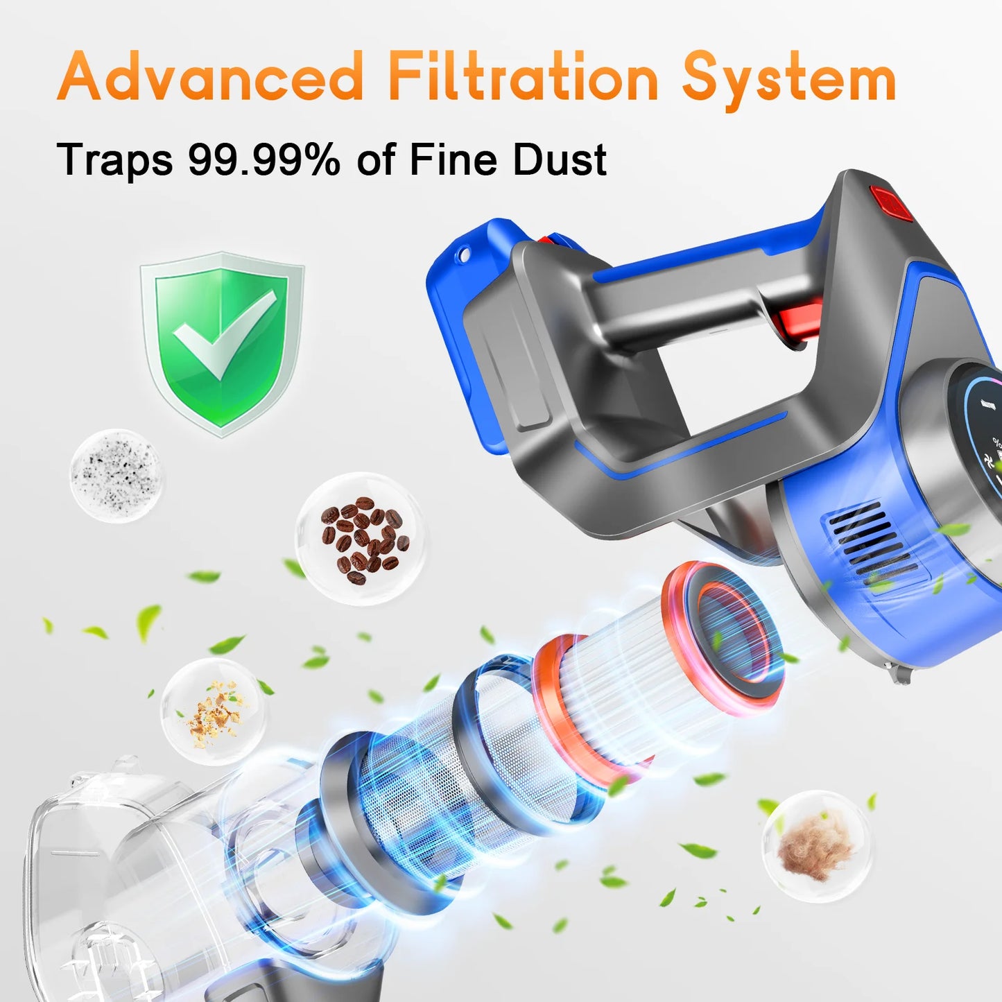 Honki 78KPA Cordless Vacuum Cleaner with LED High Power Strong Suction Wet and Dry Handheld Vacuum Cleaner for Pet Hair Carpet