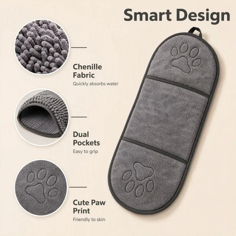 Double-Sided Hand Pocket Pet Bath Towel, Soft Chenille Fabric, Portable with Hanging Loop for Dogs & Cat