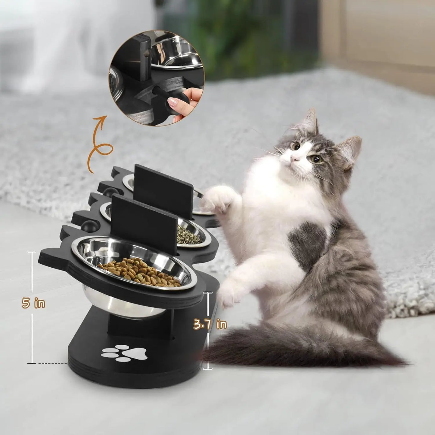 Cat Bowls Elevated, Raised Cat Food Bowls For Indoor Cats, Adjustable Heights Cat Food And Water Bowl With Black Shelf, 3 Stainless Steel Elevated Cat Bowls With 15°Tilted, Cat Dishes For Food And Water