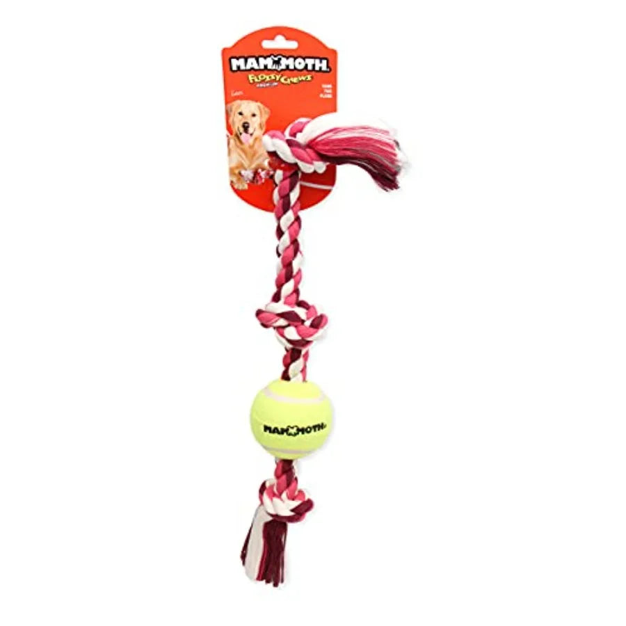 Mammoth Flossy Chews Color 3 Knot Tug w/Standard Tennis Ball Premium Cotton-Poly Tug Toy for Dogs, Interactive Rope Dog Toy for