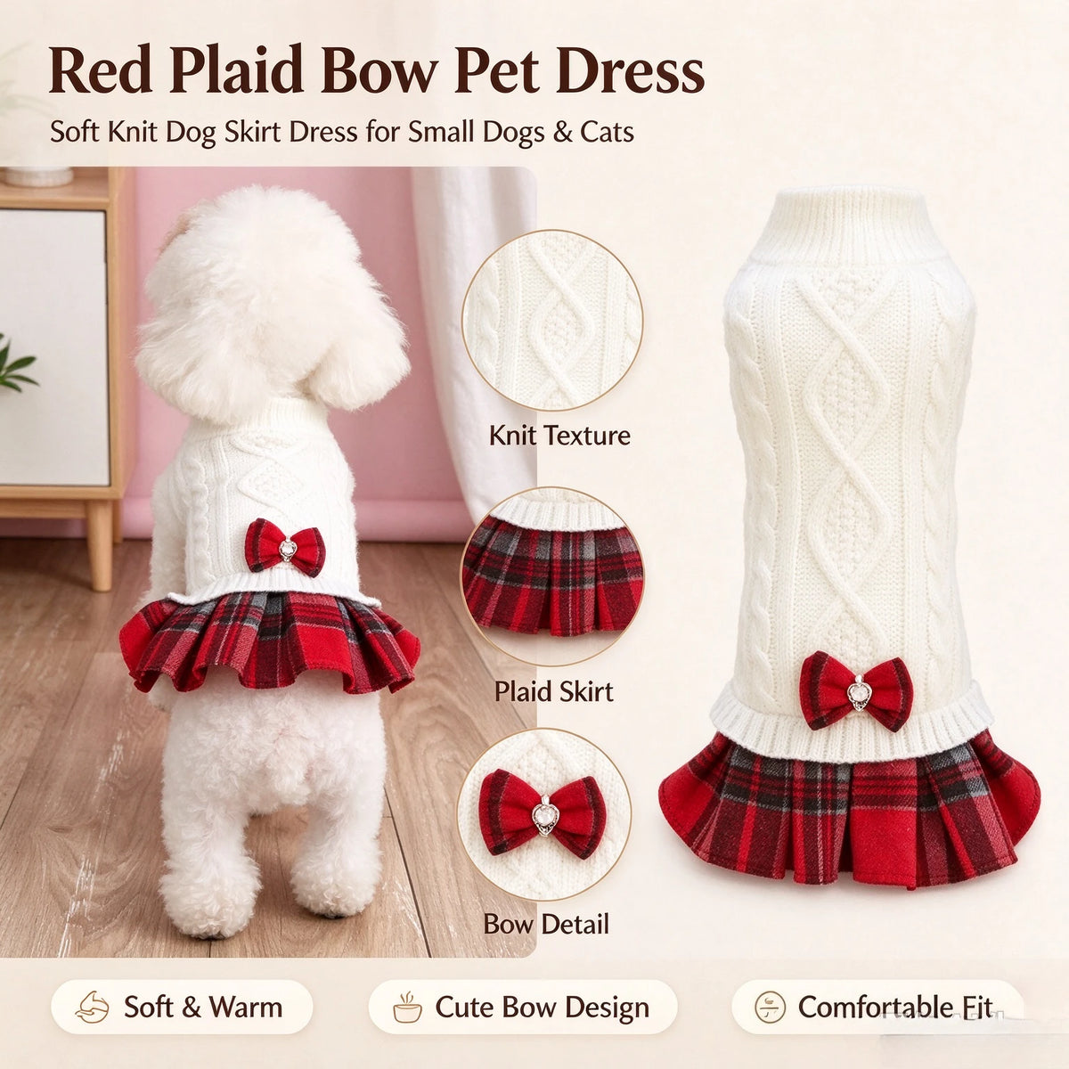 Dog Christmas Outfit, White Gray Knitted Puppy Sweater & Plaid Skirt Set, Warm Winter Holiday Pet Apparel for Small Dogs & Cat