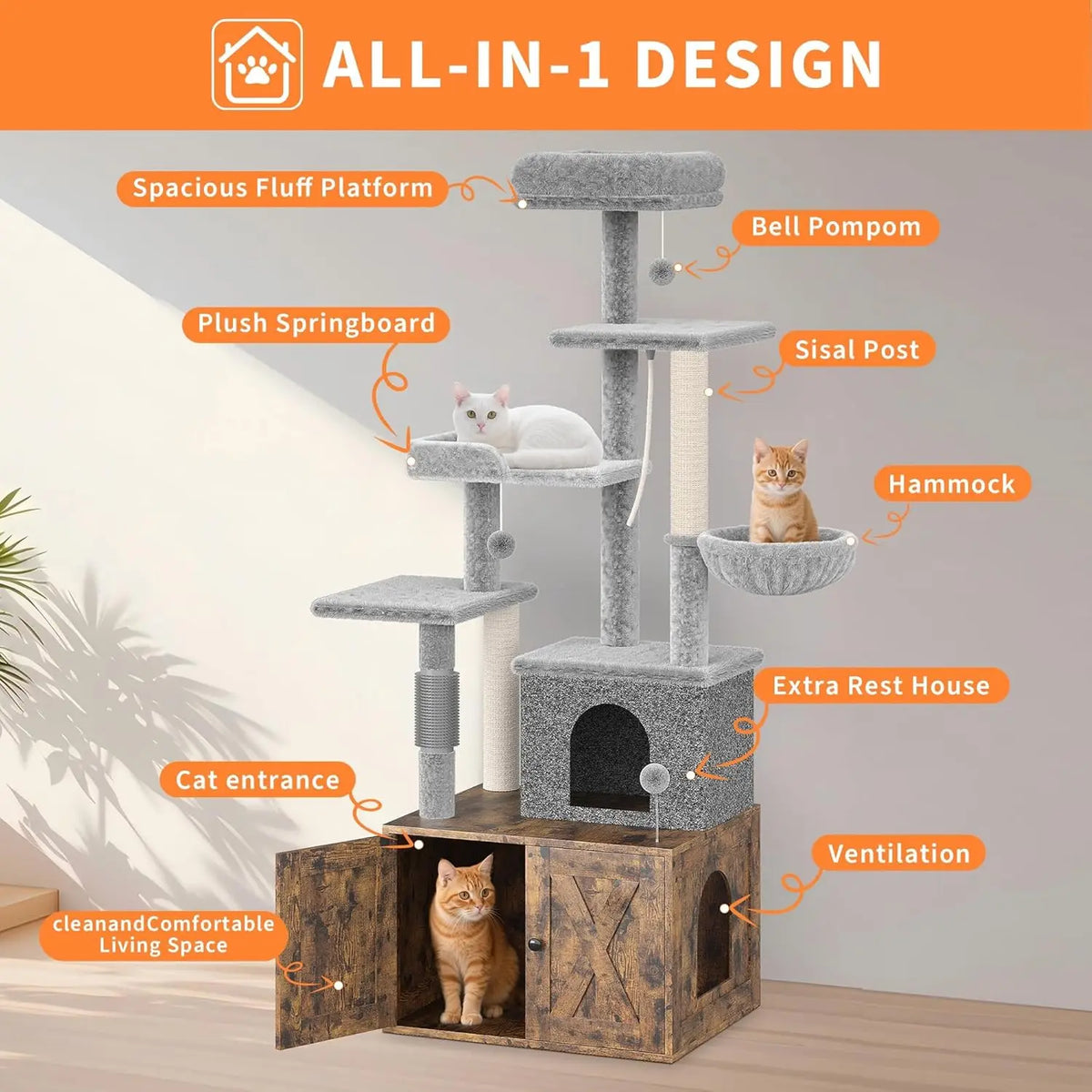 Cat Tree with Litter Box Enclosure Large, Multilevel Cat Play House with Large Condo, Spacious Hammock, Cozy Top Perch,Scratching Post and Dangling Balls,Wooden Cat Furniture for Indoor Cats,Brown