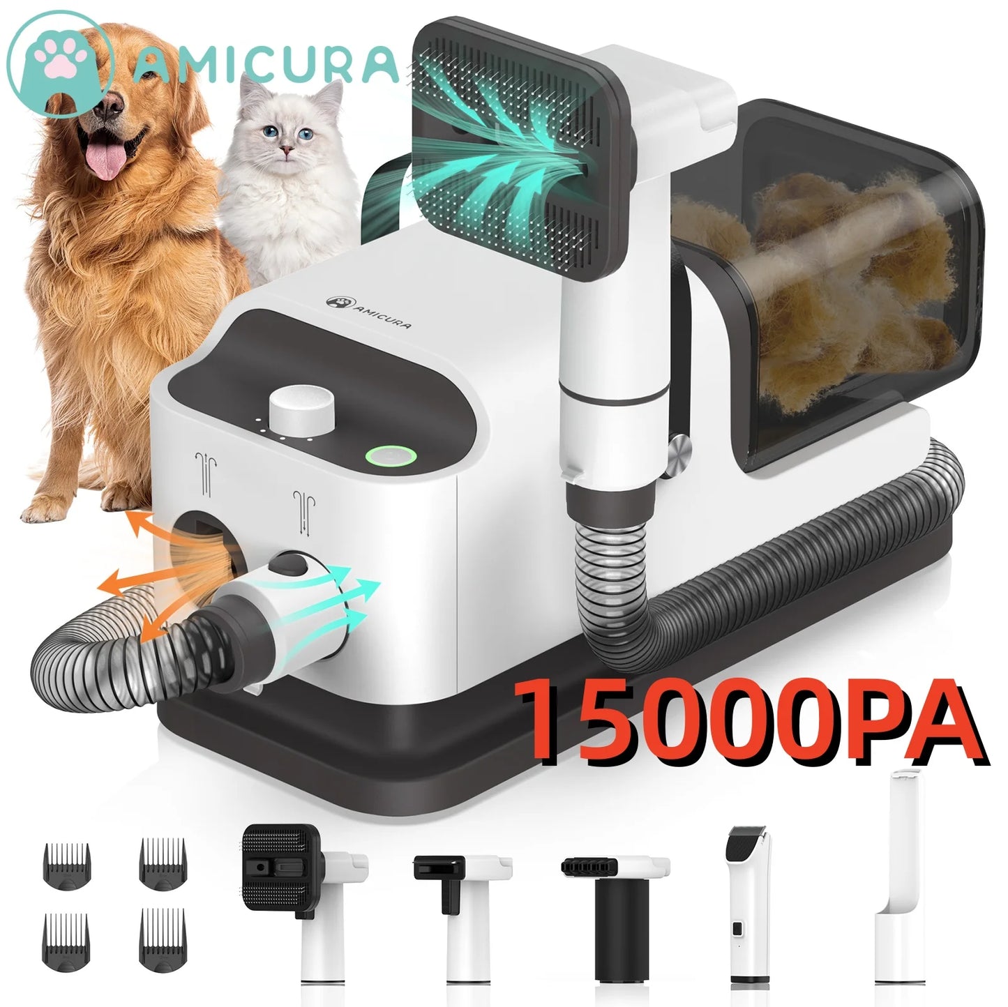 Amicura P1 Vacuum Cleaner & Hair Dryer & Trimmer, 15KPa Suction 600W Blowing, 3-in-1 Pet Grooming Set, Dog Cat Proven Care Tools