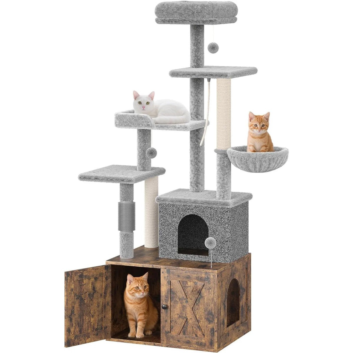 Cat Tree with Litter Box Enclosure Large, Multilevel Cat Play House with Large Condo, Spacious Hammock, Cozy Top Perch,Scratching Post and Dangling Balls,Wooden Cat Furniture for Indoor Cats,Brown