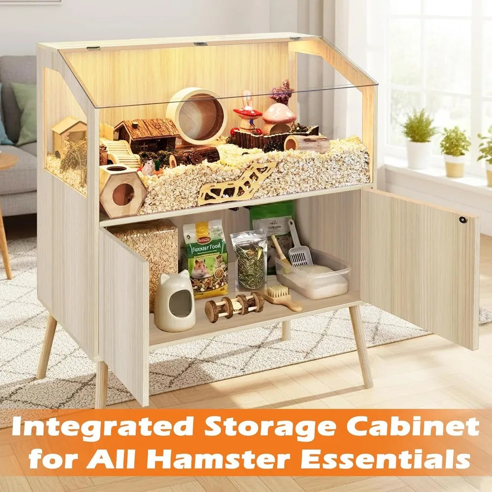 Large Hamster Cage with Storage Cabinet, 40" L x 20" W x 47" H, Chew Proof Wood & Clear View, for Guinea Pig, Ferret, Rat, Hedgehog (Oak)