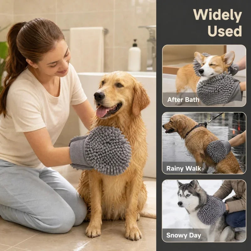 Double-Sided Hand Pocket Pet Bath Towel, Soft Chenille Fabric, Portable with Hanging Loop for Dogs & Cat