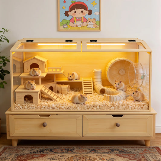 Large Wooden Hamster Cage Clear Tempered Glass Pet Small Animal Habitat Cage Playful Hutch House Built-in LED Light
