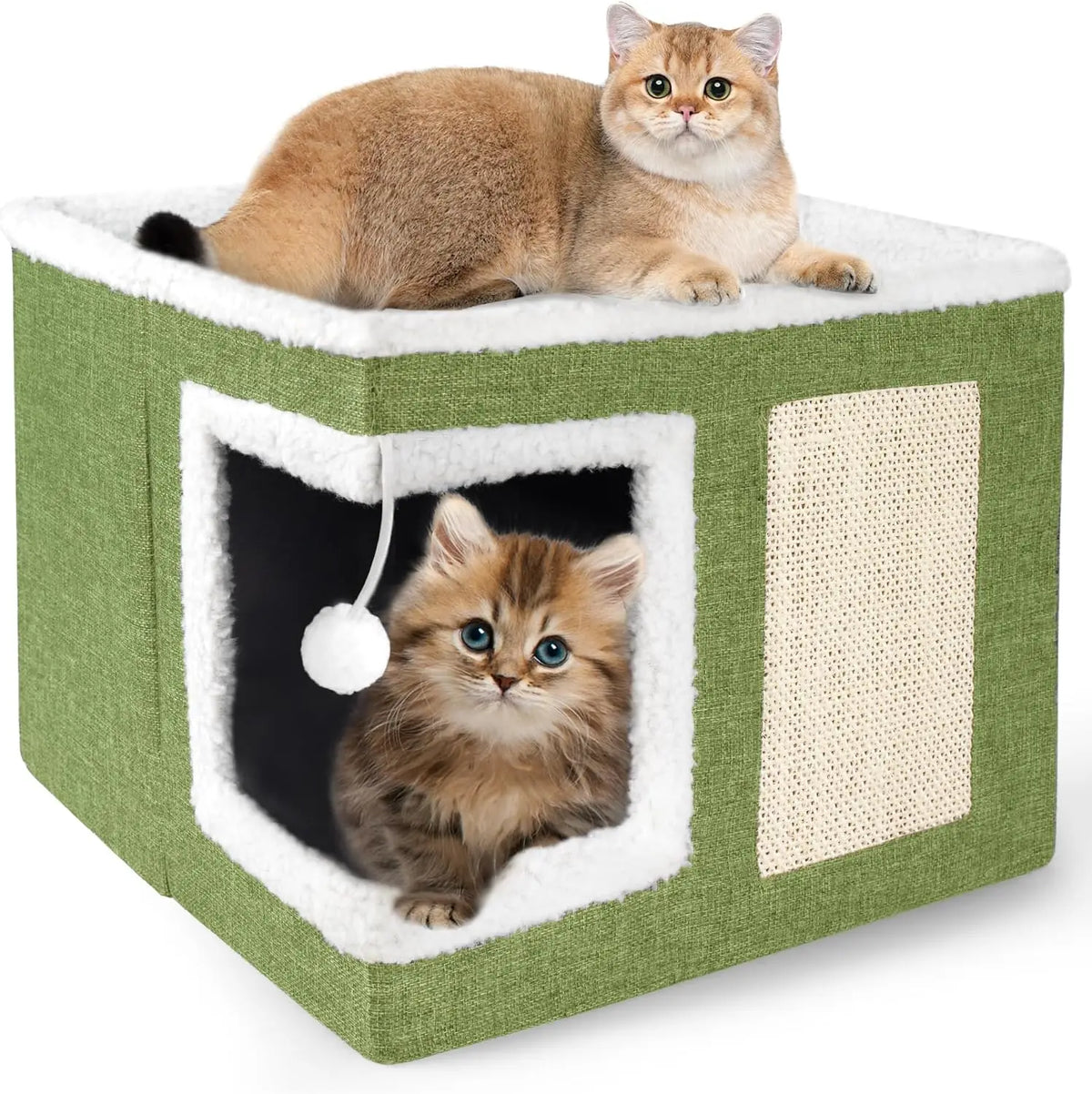 Loyareal Cat Houses for Indoor Cats - Large Cat Bed Cave with Scratch Pad and Fluffy Ball, Foldable Cat Condo Hideaway with Reversible Cushion for Multi Small Pet, Dark Grey