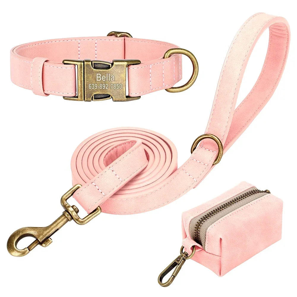 Custom Dog Collar Leash Bag Set Personalized PU Leather Dog Collars Vintage Pet Buckle Necklace With Lead Poop Bag for Dogs Pug