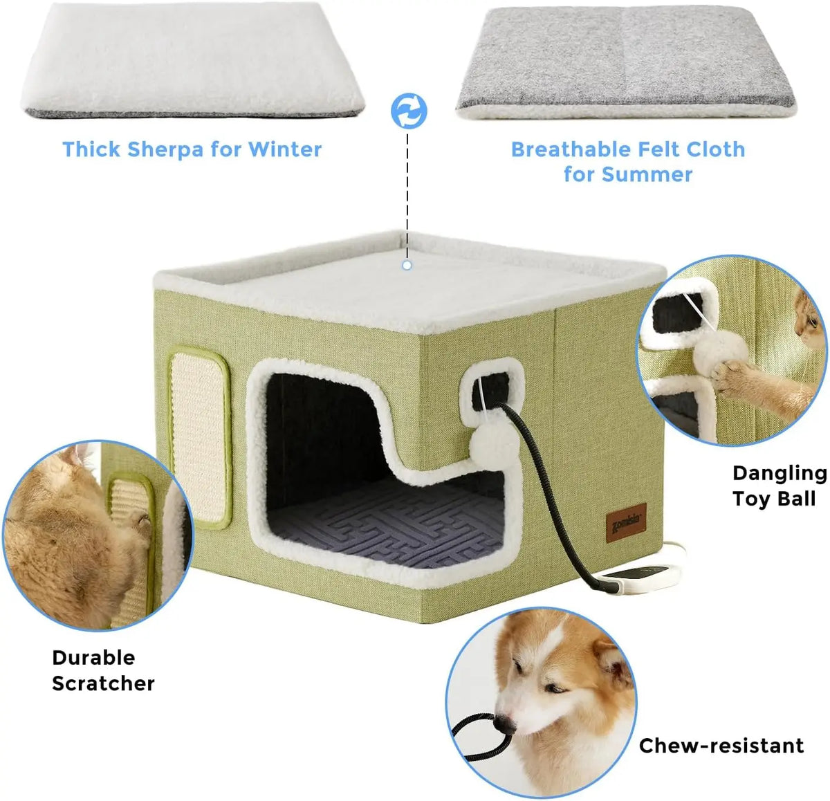 ZOMISIA Heated Cat House Bed for Indoor Cats, Cat Hideway Cube for Sleeping