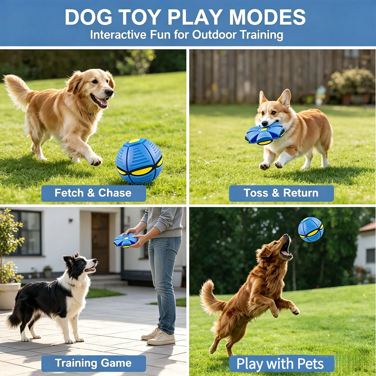 Six-Light Dual-Mode Magical Transforming Pet Bouncy Ball, UFO-Shaped Ball, Durable Dog Interactive Training and Play Toy, Blue and Red