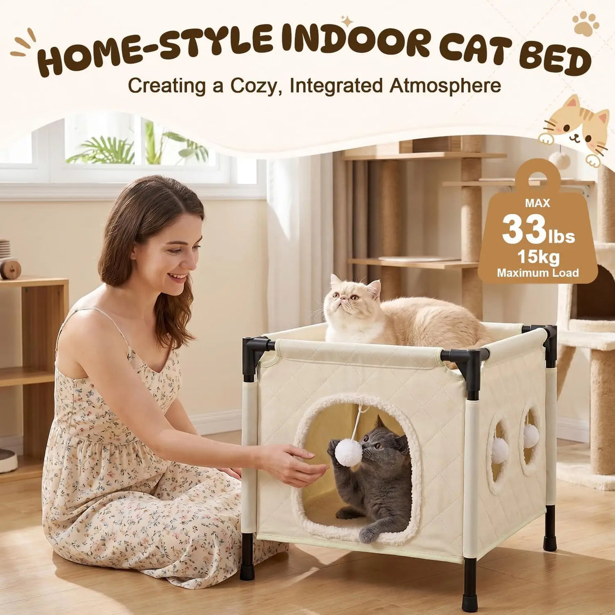 SlowTon Cat Houses for Indoor Cats, Covered Cat Bed Cave Hideaway, Beige, M